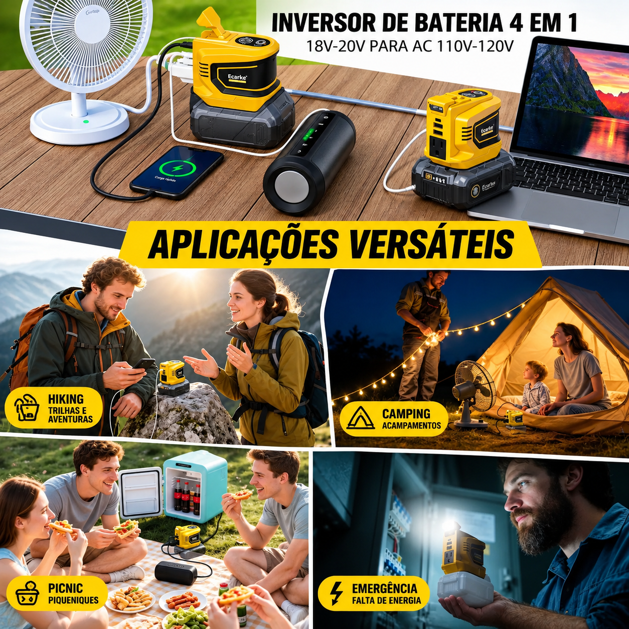 Inversor de Energia 200W para Eletrodomésticos – USB, Tipo-C e Luz LED